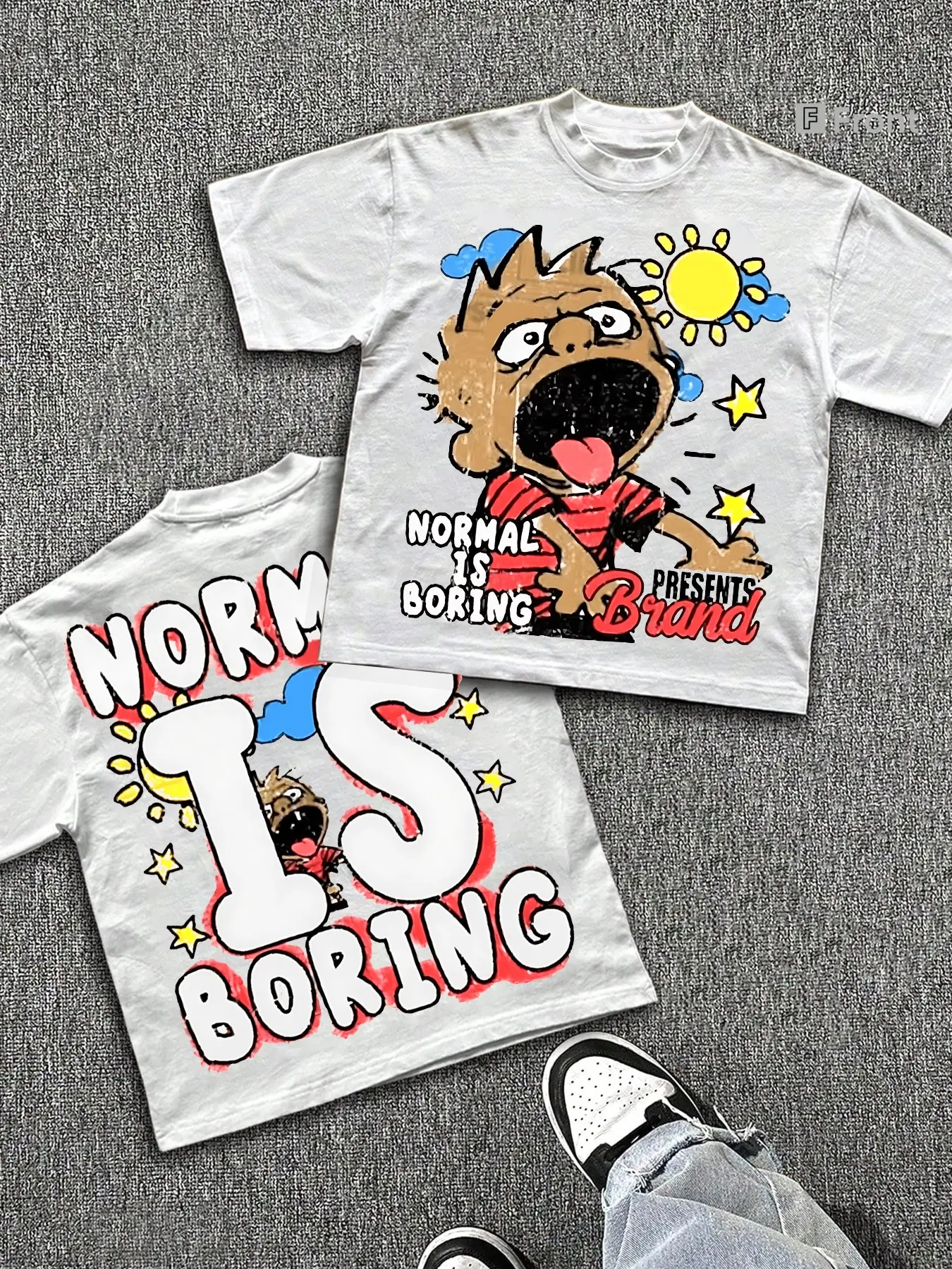 Men's Casual Short Sleeve Round Neck T-Shirt, Graffiti Cartoon Print Graphics, Front Back Dual Prints, Comfortable Fabric, Street Style, Streetwear, Long Fit