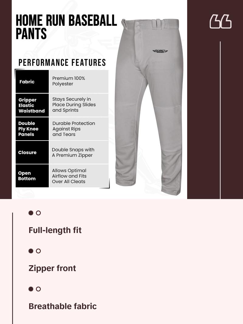 Exxact Sports Home Run Men's Baseball Pants without Piping - Full-Length, Semi-Relaxed Fit, Open-Bottom Adult Baseball Pants - (Grey)