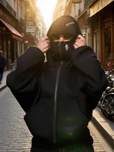 Fashion Hoodie Jacket with Full Face Mask Design, Casual Zipper Sweatshirt for Fall & Winter, Fitted Kint Fabric, Moderate Thickness