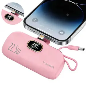 5000mAh Mini Power Bank with 22.5W Fast Charge, Portable Charger with Built-in Cable, Dual Ports & LED Display, Integrated Cable for iOS/Android (Type-C/USB-A)