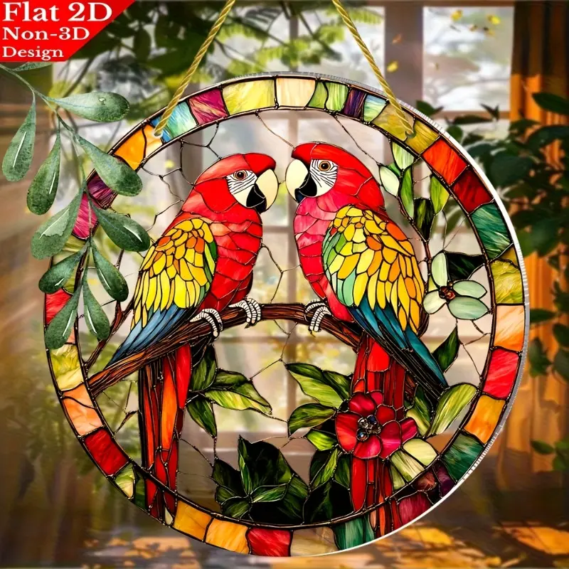 2D Flat, Vintage Parrot Pair Suncatchers Round Acrylic Sign, Window Hanging Decor with Vibrant Colors, Indoor/Outdoor Wall Art for Living Room, Bedroom, Office - Perfect Mother'S Day Father'S Day Gift, Bird Decor, Bedroom Decor, Decorative Hanging