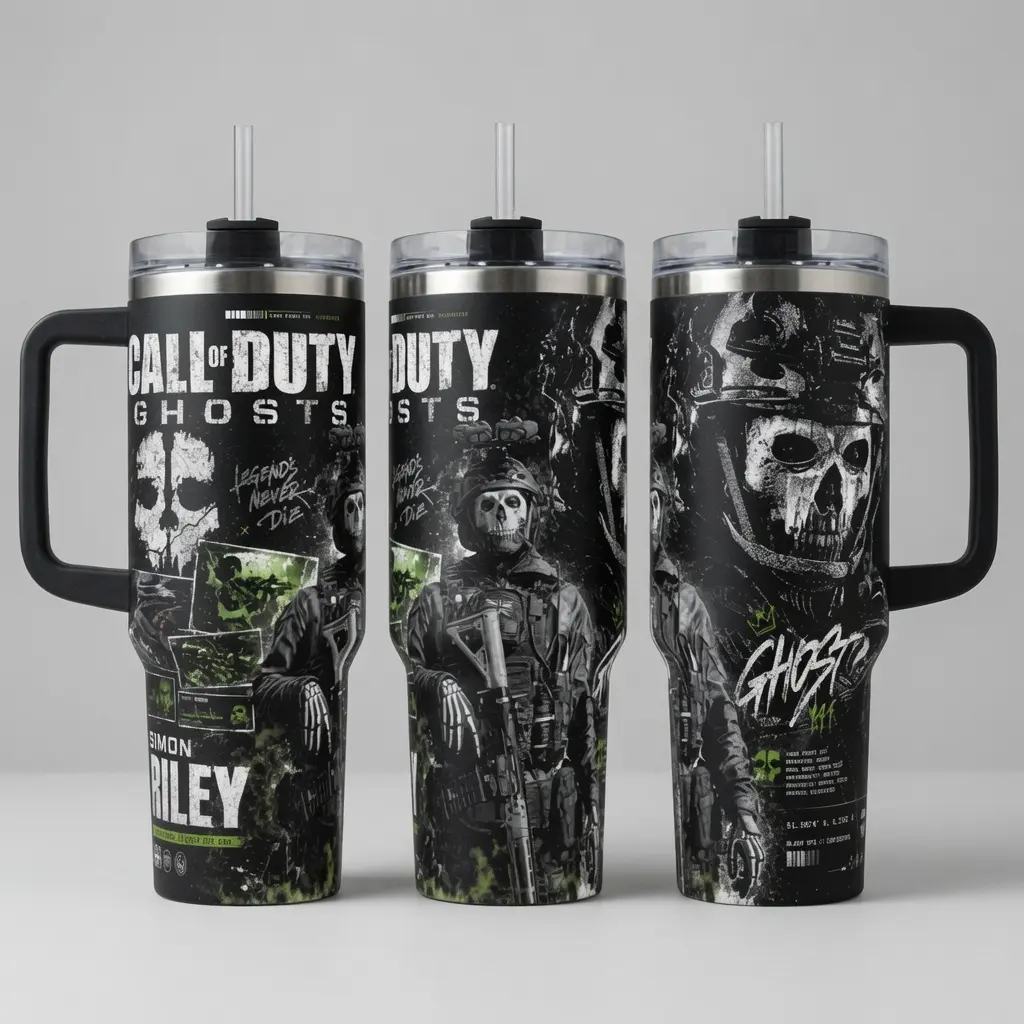 Call of Duty Ghost Tumbler Featuring Simon “Ghost” Riley & Task Force 141 Graphic Design, 40oz Gaming Cup with Handle or 20oz Insulated Travel Mug, Call of Duty Inspired Gift for Gamers.