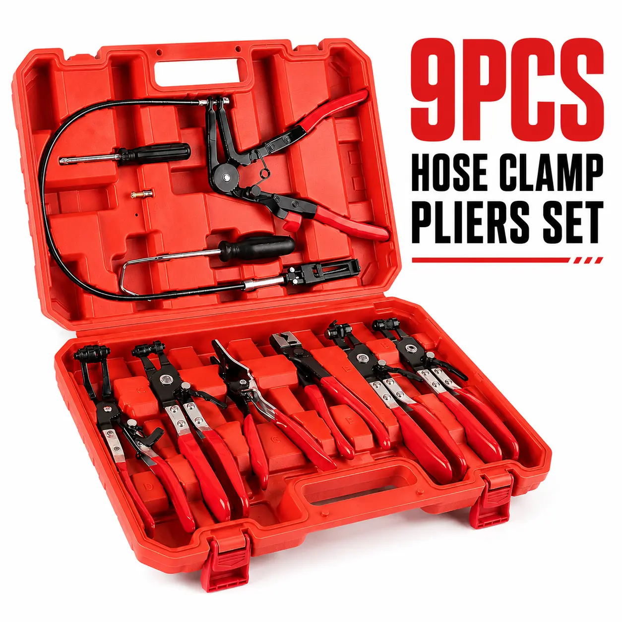 9PCS Hose Clamp Pliers, Long Reach Hose Clamp Tool Remover for Water Hose and Automotive Coolant Radiator Heater with Flexible Wire Long Reach Hose Clamp and Flat Band Pliers