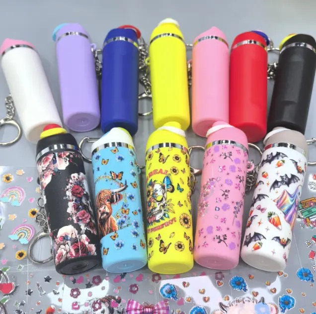 38-Piece Mini Tumbler Keychain Set with 30 Novelty Print Wraps, Cute Cartoon Charms for DIY Gifts, Handbags & Backpacks, Cartoon Keychains, Character Charm Keychains