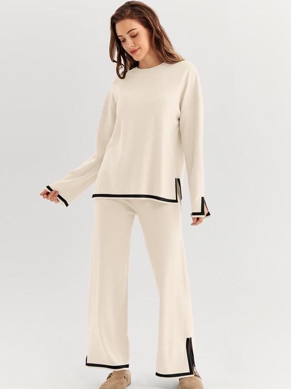 Women's 2 Piece Fall Knit Sweater Set Long Sleeve Tops Wide Leg Pants Sweatsuit Tracksuit Outfit Winter Clothing