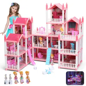 16 Rooms Huge Dollhouse, 10" x 6" x 11" Doll House ,Pink Pretend Play Toy House For Girls, Assembly required