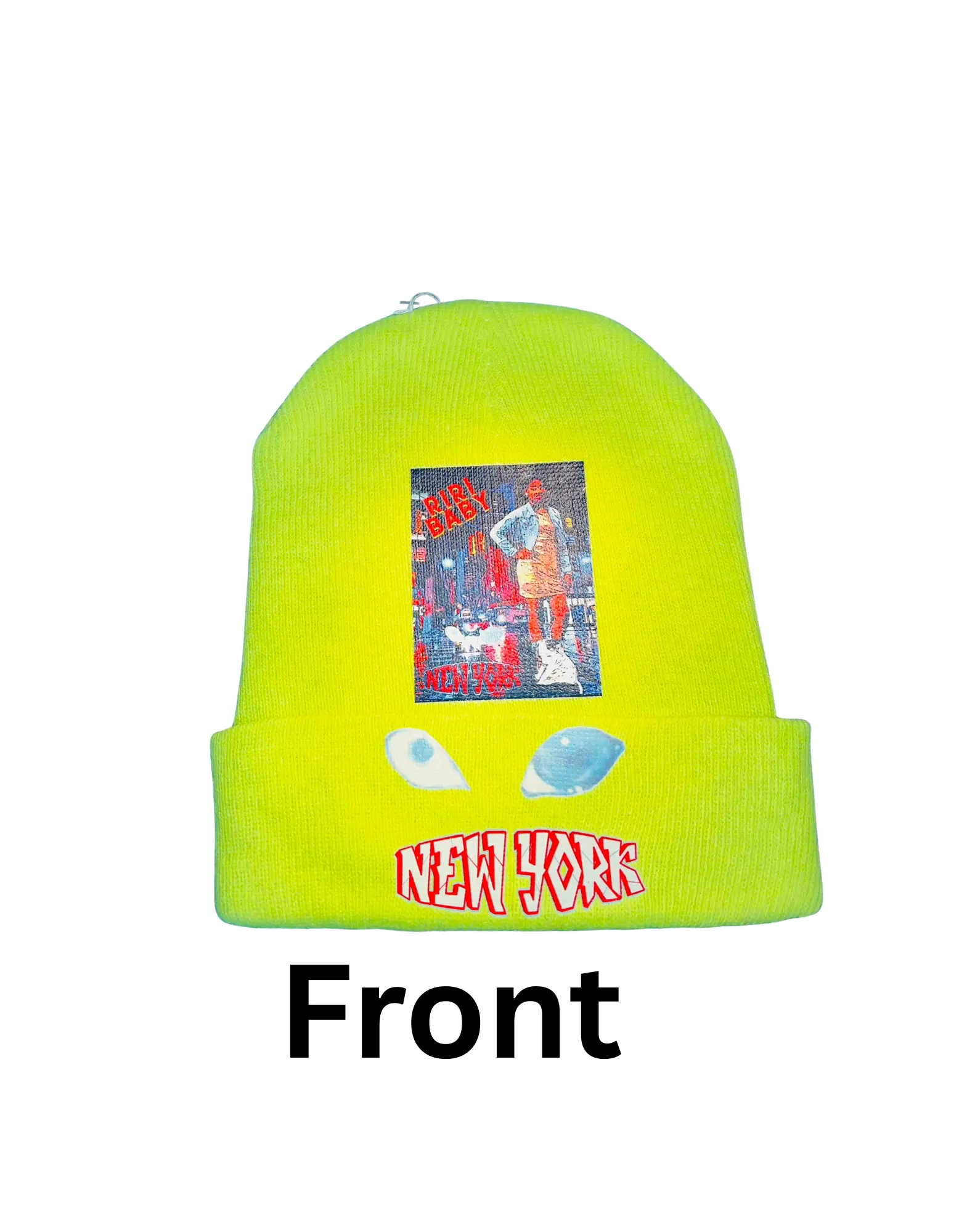 Riri Baby NYC Peek-A-Boo NYFW Collection Beanie NYFW - Neon Yellow with New York Print and Alien Eyes Design