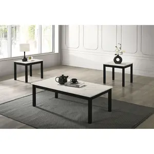 "White Finish Faux Marble 3pc Occasional Table Set – Coffee Table + 2 End Tables with Wooden Legs, Great for Living Room, Bedroom Lounge, Small Space, Home Decor Upgrade"