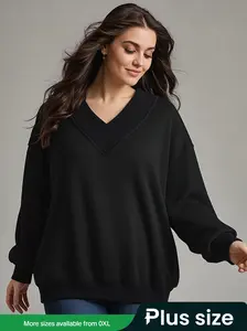 [Plus Size] Solid Knitted Drop Shoulder Sweatshirt, Casual Fitted Long Sleeve V Neck Pullover for Fall, Women's Plus Clothing for Daily Wear, Downtown Girl Clothes, Sweatshirts for Women Tops