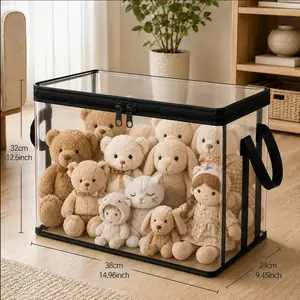 Large Stuffed Animal Storage Bag | PVC Organizer Bin with Carrying Handle | Dustproof Toy Container for Playroom & Living Room | Black