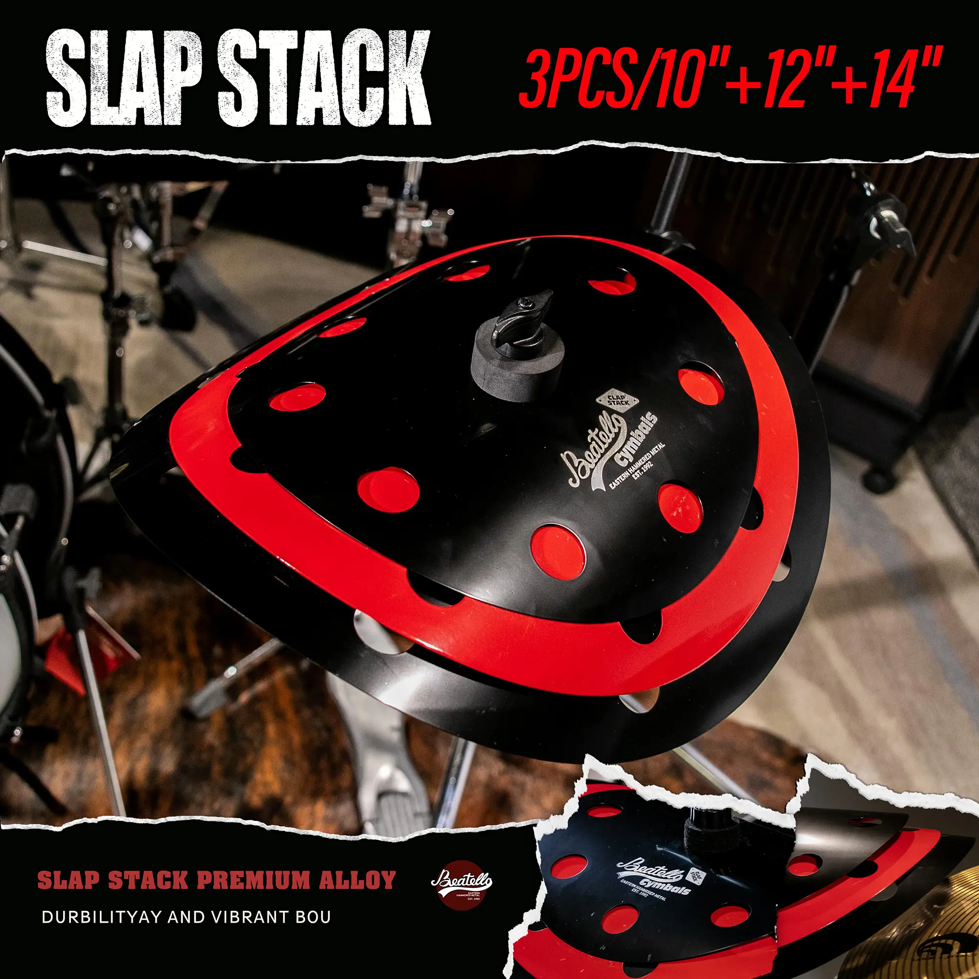 Beatello-3 PCS Stacked Cymbals, Effect Cymbals, Unique Sound When Stacked, Unique layered tones for drum sets, Premium alloy, durable