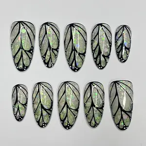 Butterfly WIngs Summer Medium Almond Press on nails, Summer Fake/False Nails, Prom Nails