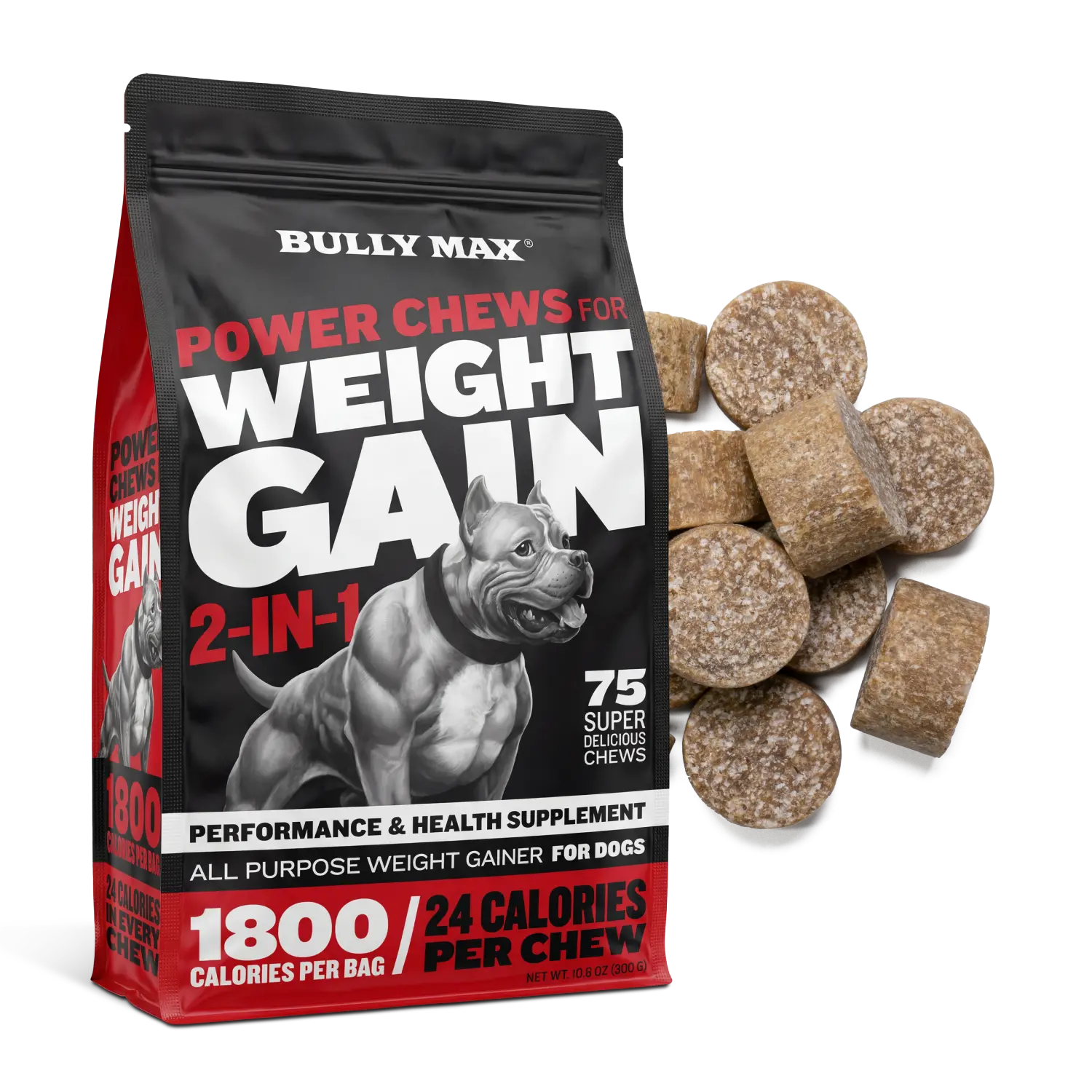 Bully Max 2-in-1 Power Chews for Weight Gain (75 chews) - Dog Weight Gainer for Puppies and Adults -  1,800 Calories, Dog Food Performance Supplement for Healthy Weight Gain & Immunity
