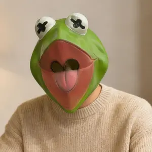 Funny Kermit the Frog Latex Mask, Green Frog Headgear with X Eyes & Tongue, Soft Breathable Natural Latex for Adults, Ideal for Halloween Cosplay, Prank Videos, Theme Parties & Photo Booth Props