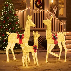 【Christmas Gifts】3-Piece Large Lighted Christmas Deer Family Set - 5.3Ft with 360 Bright LED Warm Lights Standing Reindeer, Lawn Decor, Indoor Outdoor Front Yard Holiday Decoration, Stakes, Zip Ties, Gold