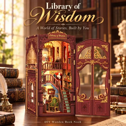 CuteBee Library of Wisdom DIY Book Nook Kit with LED Light, Wooden Miniature Library with Opening Door, Bookshelf Decor & Craft Gift for Book Lovers