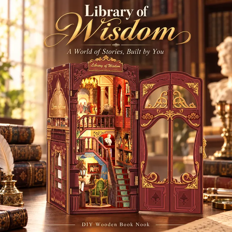 CuteBee Library of Wisdom DIY Book Nook Kit with LED Light, Wooden Miniature Library with Opening Door, Bookshelf Decor & Craft Gift for Book Lovers