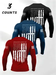 American Style Flag Cross Pattern Long Sleeve Round Neck Fitted Athletic T-Shirt 3 Piece Set, Multifunctional Spring & Fall, Ideal Gift