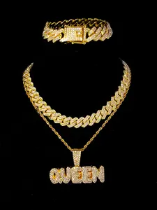 4pcs Punk Glittering Queen's Letter Pendants, Cuban Chain Necklace Bracelets, Dazzling Jewelry for Hip-Hop Rappers Performances
