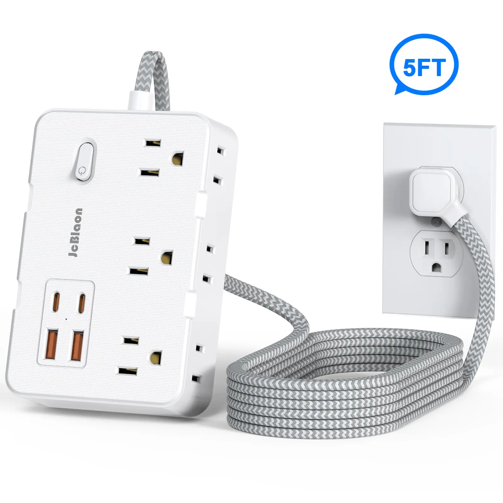Extension Cord 5 Ft, Flat Plug Power Strip with 6 Outlets with 4 USB Ports(2 USB C),  Multi Outlet Wall Plug for Dorm Room Essentials wall plug