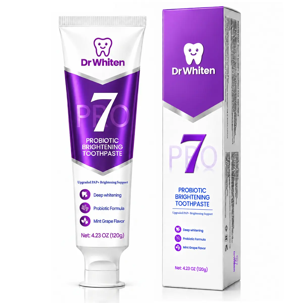 DrWhiten New 7-Pro Probiotic Purple Toothpaste | Fresh Breath & Color-Correcting Formula | Helps Balance the Appearance of Yellow Tones | Fluoride-Free | Mint Grape Flavor | 4.23 oz