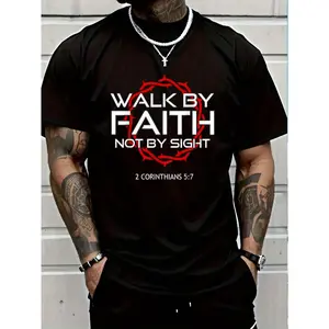 100%25 Cotton Jesus Walk By Faith Christian T-Shirt Round Neck Short Sleeve T-Shirt Women's Men's Graphic Tee Women's Men Graphic Tee