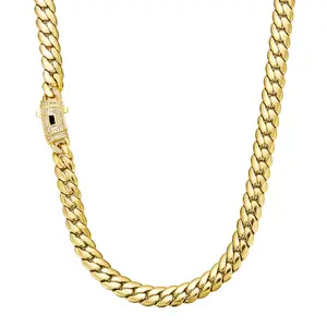 CHS Jewelry 14K Gold Plated Cuban Link Necklace with Horse's Tail Chain Design & Classic White Gemstone Width 8mm, length 16inch to 30inch available, men's necklace, women's necklace