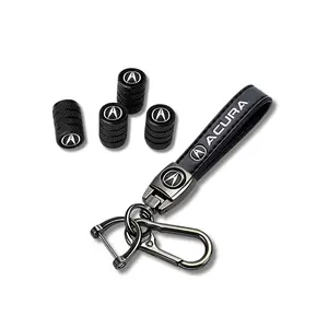 Acura Keychain & Valve Stem Cap Bundle – 5pc Set | Premium Black Metal, Anti-Rust Car Accessory Pack