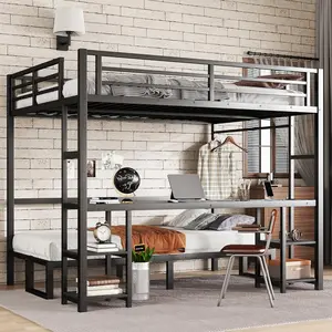 Bellemave  Futon bunk Bed Twin XL Over Queen, Queen loft Bed with futon and Desk and Shelves, loft Bed with Des Kand LED and USB, Black