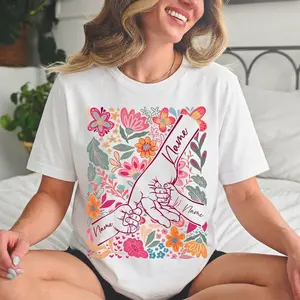 Custom Mama Shirt, Personalized Mom Hand Holding Kids Tee, Floral Family Love Shirt, Mother’s Day Gift for Mom, Custom Name Mama Tee, Cute Mom Graphic Shirt, Comfort Colors Style
