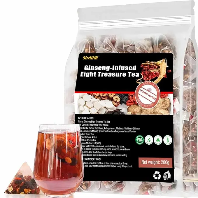 Ginseng Eight Treasure Herbal Tea Bags with Red Dates & Goji Berry, Traditional Botanical Tea Blend, Caffeine Free, 20 Count Tea Bags