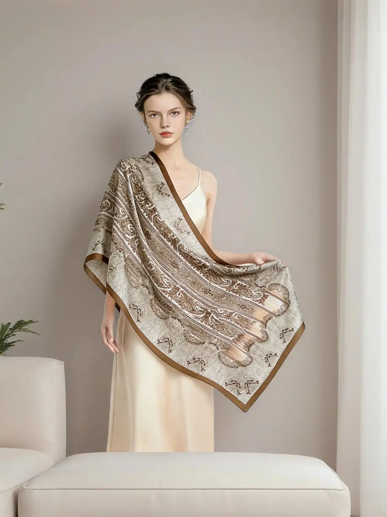 Spring and summer silk scarf, long and elegant, versatile cashew print lightweight shawl, sun protection beach wrap, outerwear accessory