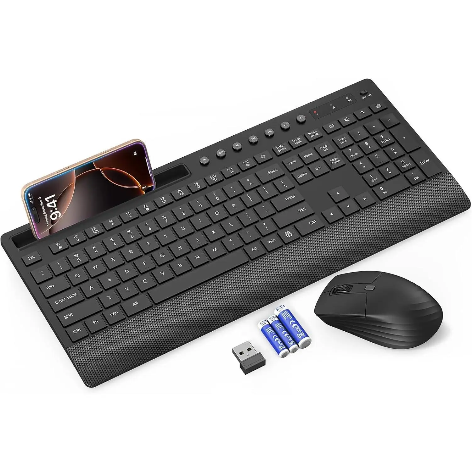 Black Wireless Keyboard and Mouse Combo for Work - Full-Size Quiet Keypad with Wrist Rest, Palm Rest, Phone Holder, Multimedia Keys, Power Switch, Battery-Included, Compatible with Windows, Chrome OS, PC, Laptop