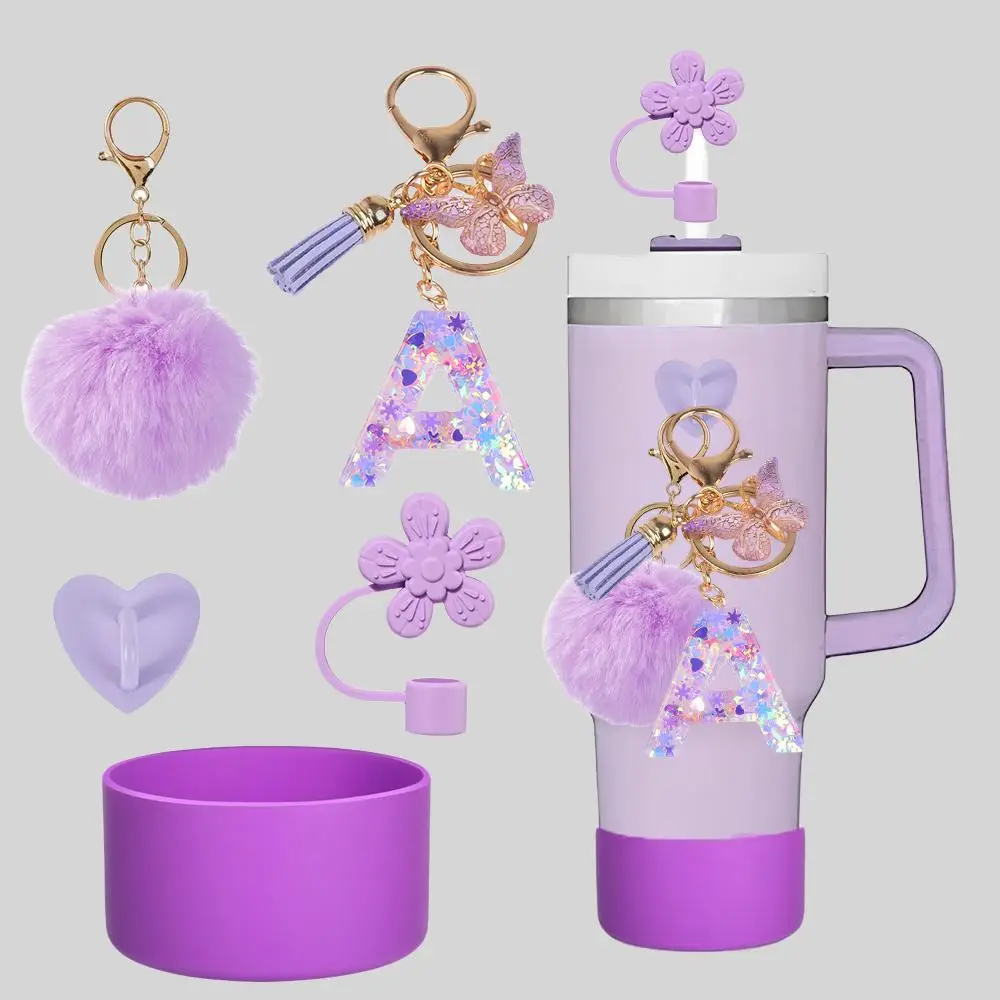 Letter Pattern Tumbler Accessories Set, 5 Counts/set Including Silicone Straw Cover, Kitchen Gadgets, Heart Hook and Pom Charm, Drinkware Accessories