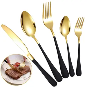 20PCS Black Gold Silverware Set, Stainless Steel Colorful Handle Flatware Set, Service for 4, Modern Cutlery Set Includes Dinner Knives Forks Spoons, Mirror Polished, Dishwasher Safe