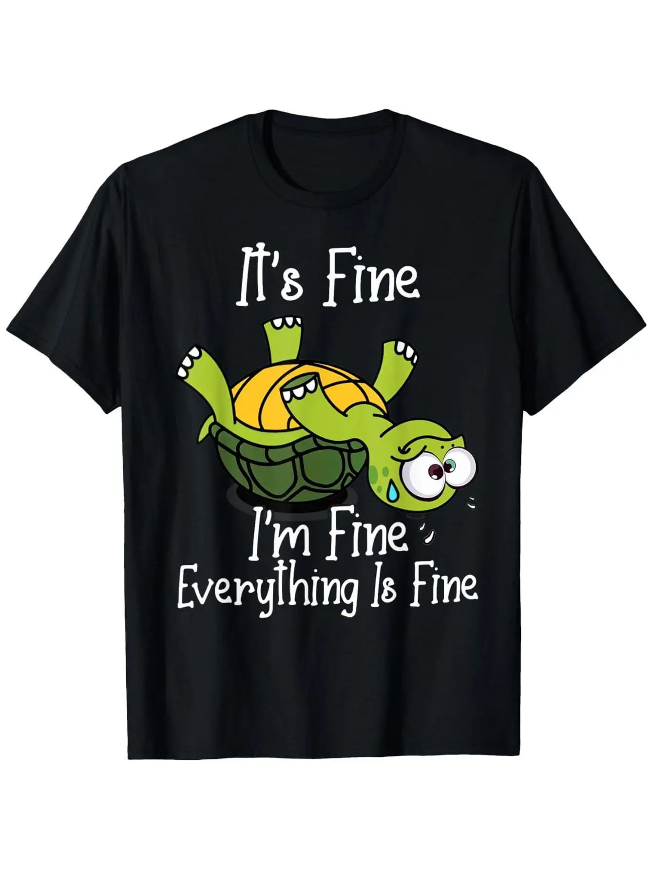 "It's Fine, I'm Fine, Everything Is Fine" Turtle Graphic Tee – Funny Mental Health T-Shirt, Soft Black Short Sleeve, Gift for Family & Friends