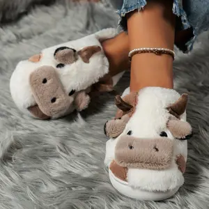 Cartoon Cow Cotton Slippers, Winter Indoor Outdoor Slippers for WomenWinter Warm Shoes