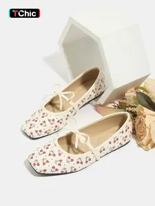 Women's Flat Mary Jane Shoes, Casual Square Toe Strawberry Fruit Pattern, Fall Versatile Bowknot Slip-On Ballet Flats