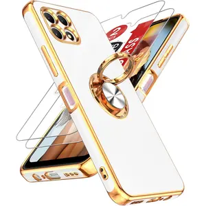 T-Mobile Revvl 7 5G Case: (     )with 2 Pack Tempered Glass Screen Protector and 360° Rotatable Ring Holder Magnetic Kickstand, Plating Rose Gold Edge, White