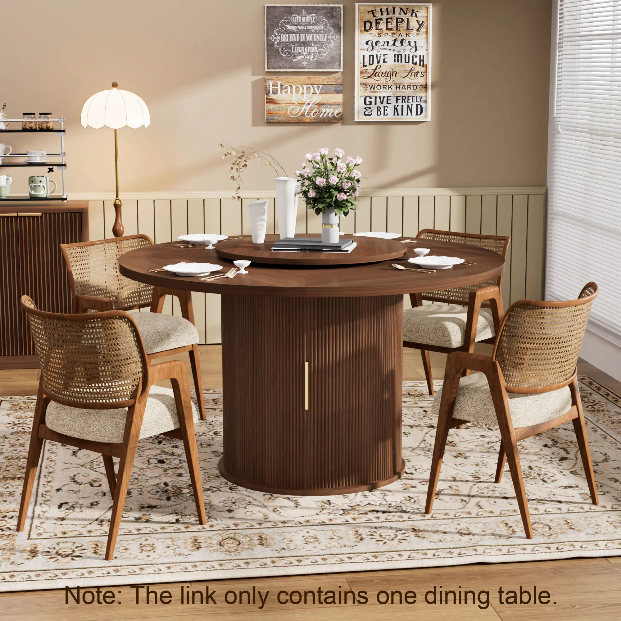 55 Inch Round Dining Table for 6 with Rotating Lazy Susan & Double Storage Shelf, Space-Saving Farmhouse Table for Dining/Living Room, Walnut set 4 mesa de madera