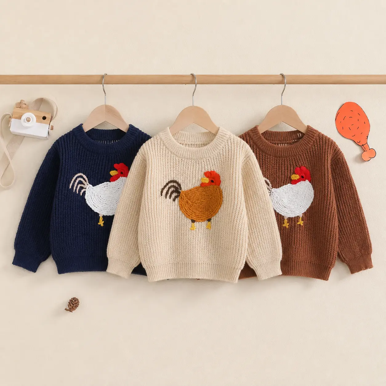 Newborn Baby Boy Sweater Casual Rooster Embroidery Warm Knitted Long Sleeve Pullover Infant Knitwear for Toddler