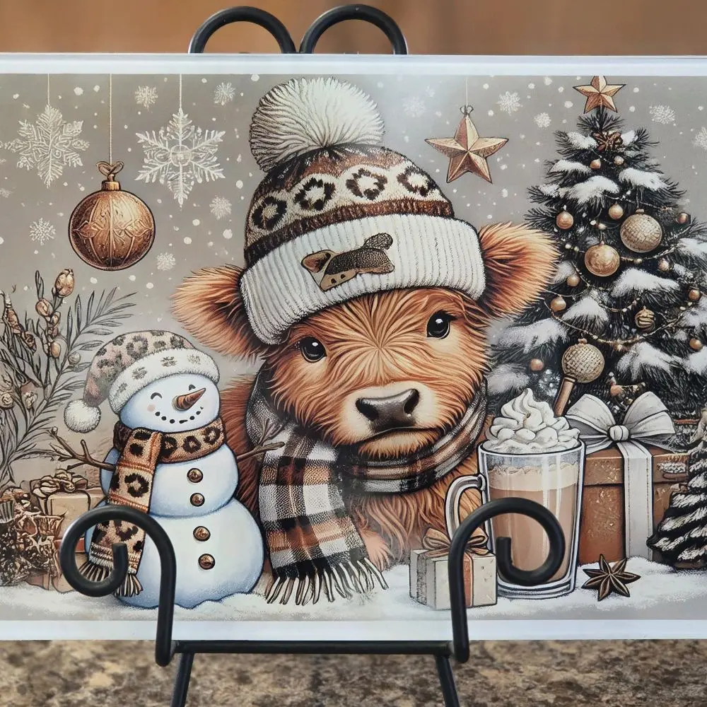 Winter Highland Cow Tempered Glass Cutting Board with Festive Snowman & Christmas Tree Design for Holiday Cooking Dishwasher Safe