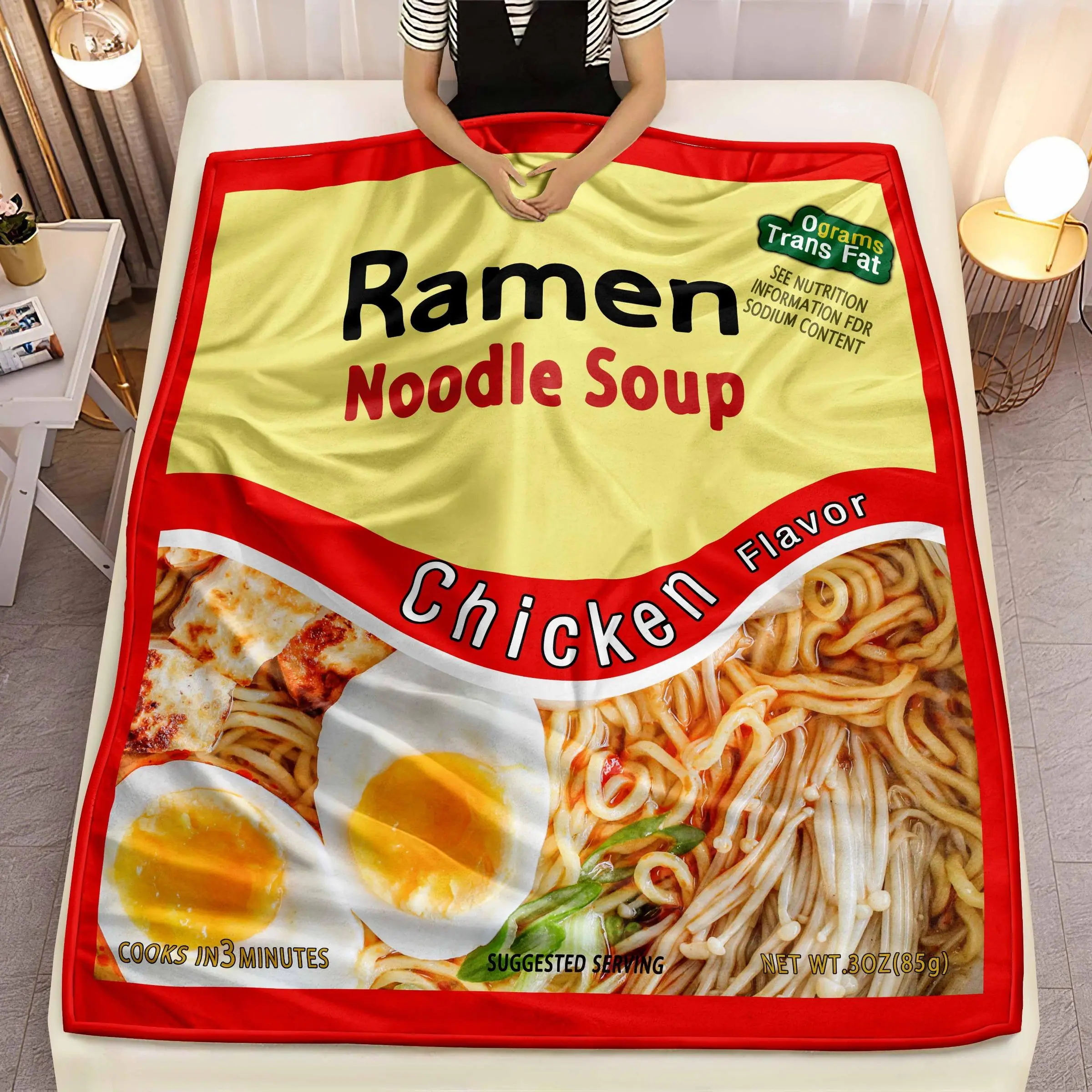 Ramen Noodle Pattern Blanket, 1 Count Chicken Flavor Ramen Soup Blanket, Fun Gift Food Themed Blanket for Ramen Lovers, Air Conditioning Blanket, Warm Nap Blanket