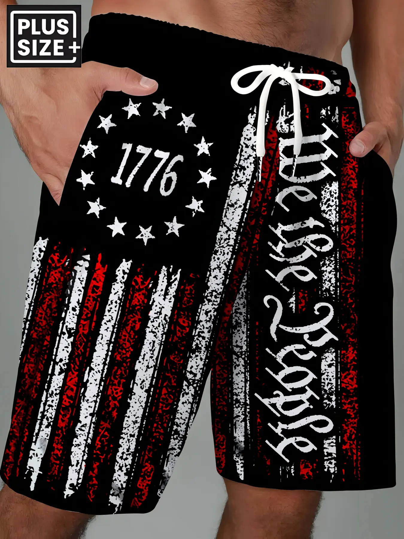 Men's oversized retro 1776 Independence Day print shorts with pockets and drawstring design - patriotic American flag pattern, polyester blend fabric, suitable for beach, travel, home and casual wear, Athletic, Summer casual shorts