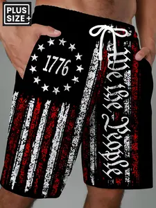 Men's oversized retro 1776 Independence Day print shorts with pockets and drawstring design - patriotic American flag pattern, polyester blend fabric, suitable for beach, travel, home and casual wear, Athletic, Summer casual shorts