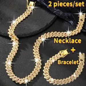2pcs/set Y2K Rhinestone Cuban Link Chain Necklace & Bracelet Set for Men & Women, Trendy Father's Day Gift
