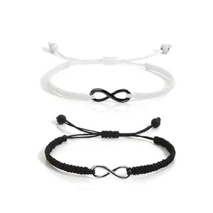 2PC Stainless Steel 8 Infinity Couple Bracelet Braided Leather Rope Bangle Wrist Adjustable Chain Fit 7-9 Inch for Lover Friendship Valentines Gift