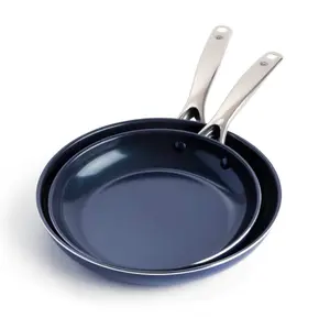 2-Piece Ceramic Nonstick Fry Pan Set – 9.5" & 11" Toxin-Free Dishwasher Safe Blue Cookware with Diamond-Infused Coating - Metal