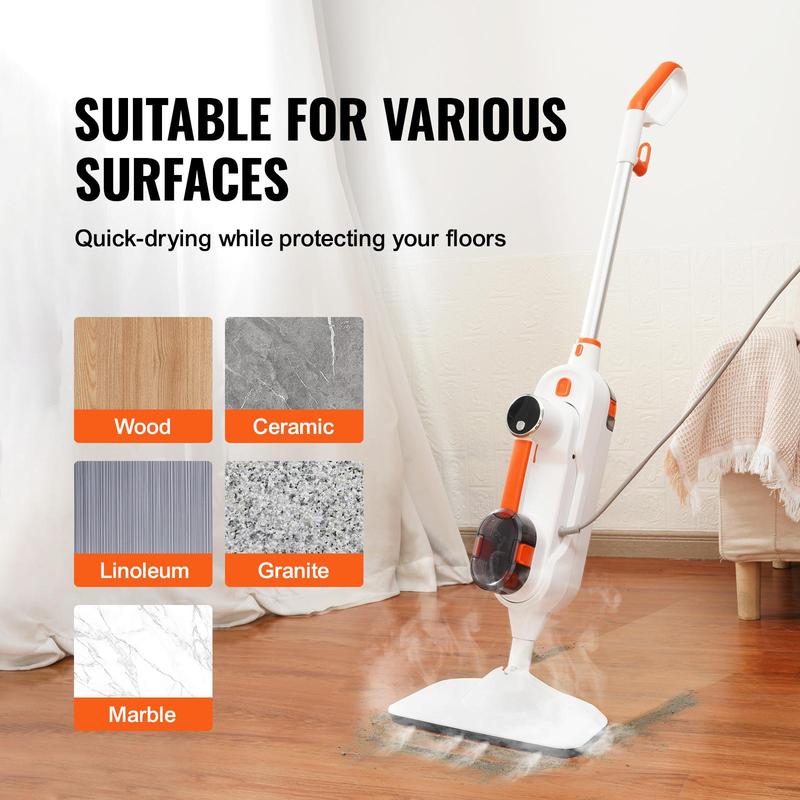 VEVOR Steam Mop,  , 8-in-1 Hard Wood Floor Cleaner with 7 Replaceable Brush Heads, for Various Hard Floors, Like Ceramic, Granite, Marble, Linoleum, Natural Floor Mop with 2 pcs Machine Washable Pads