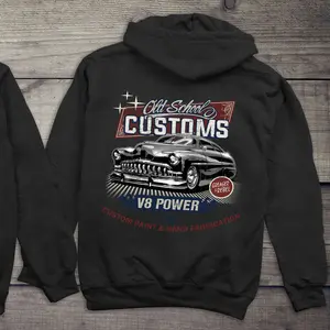 Vintage Old School Customs Hot Rod Hoodie - Men's Classic American Car V8 Power Greaser Rebel Pullover Sweatshirt, Retro Auto Enthusiast Graphic Apparel